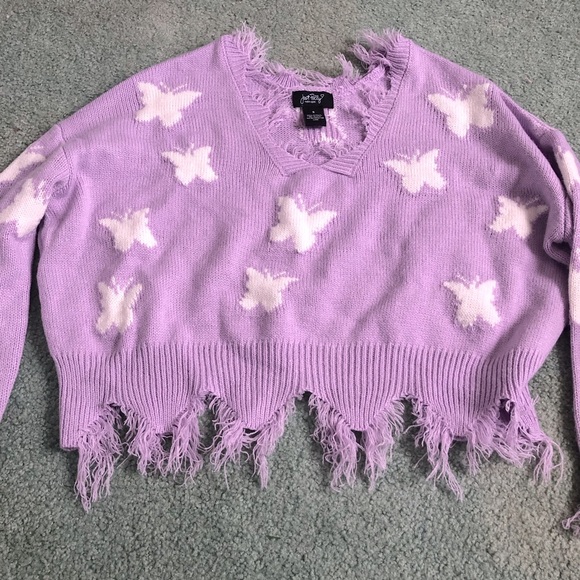 Cute Just Polly Purple Butterfly Cropped Distressed Sweater - Picture 2 of 11